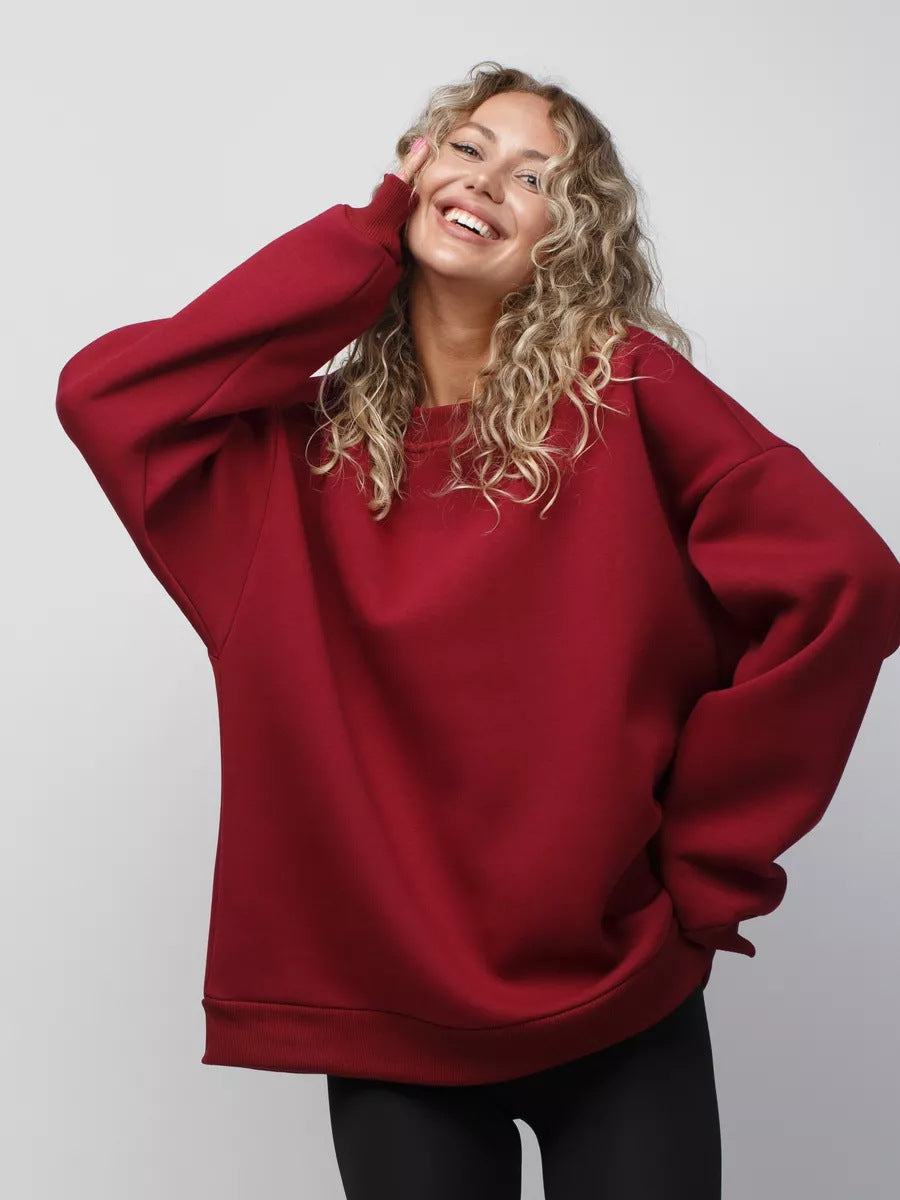 Solid Color Crew Neck Loose-Fit Pullover Sweatshirt Top For Women