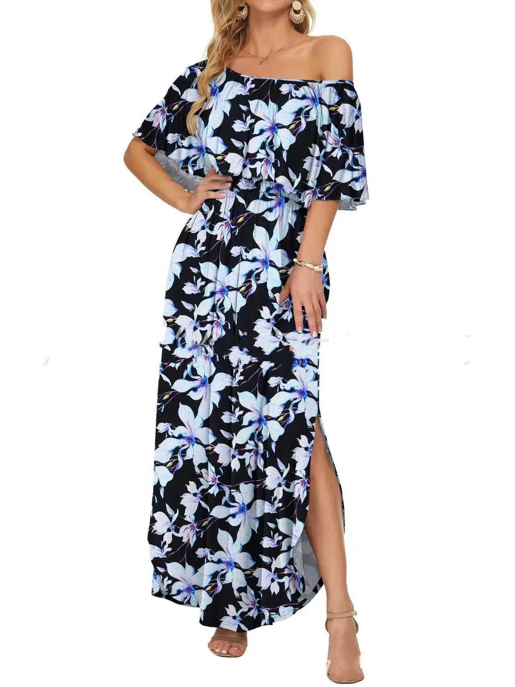 Printed Off-shoulder Short-sleeve Maxi Dress