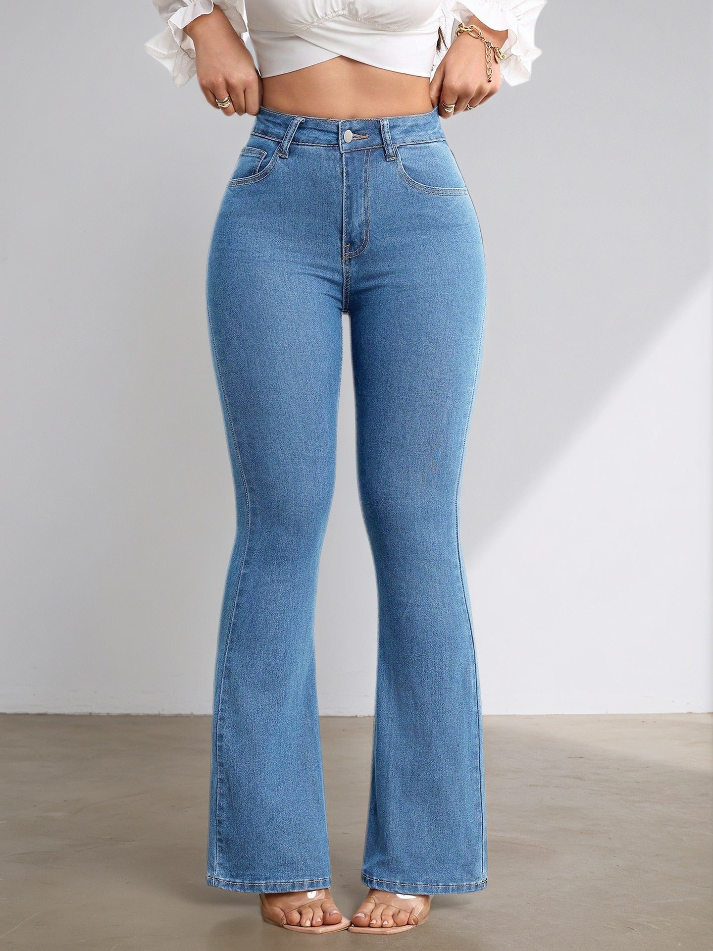 New Style All-Match Elastic High-Waist Flared Denim Jeans For European And American Girls