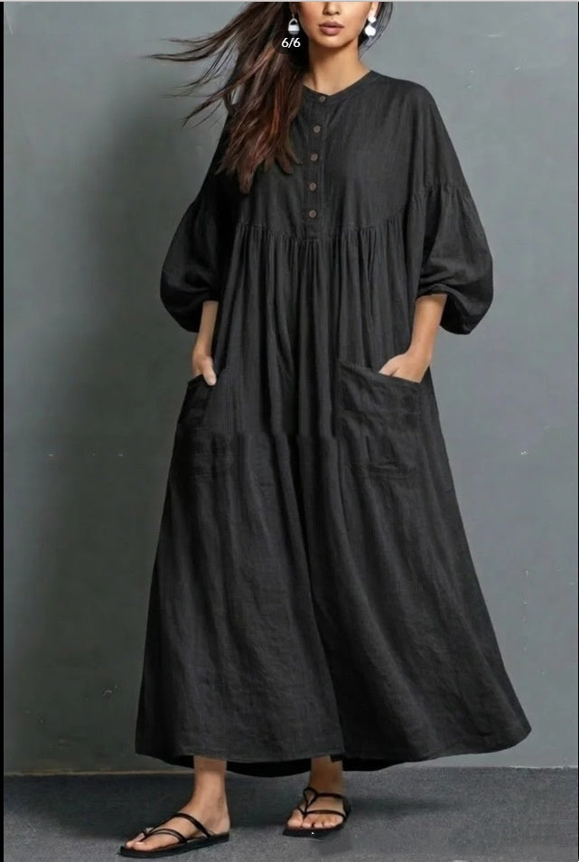 Solid-color Casual Cotton-linen Pocket Dress