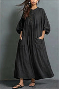 Solid-color Casual Cotton-linen Pocket Dress