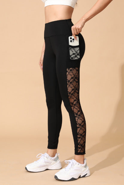 Athletic Outdoor Butt-lifting Mesh-panel Spliced Tights With Pockets