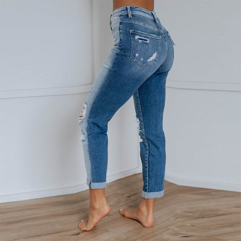 Womens Washed Gradient-Dye Ripped Jeans Fashion-Forward Style