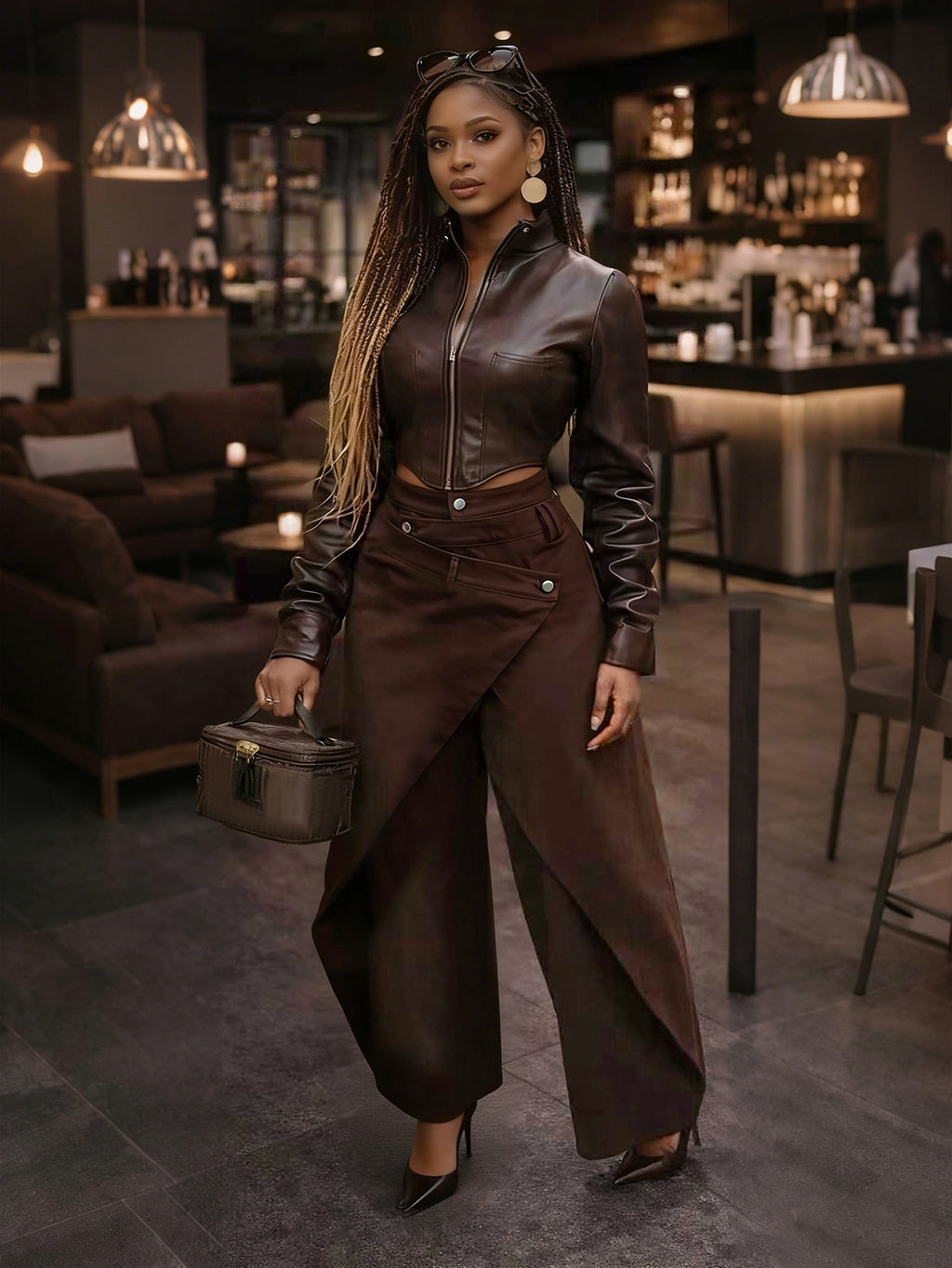 Retro High-waisted Cross-over Metal Buckle Irregular Wide-leg Pants