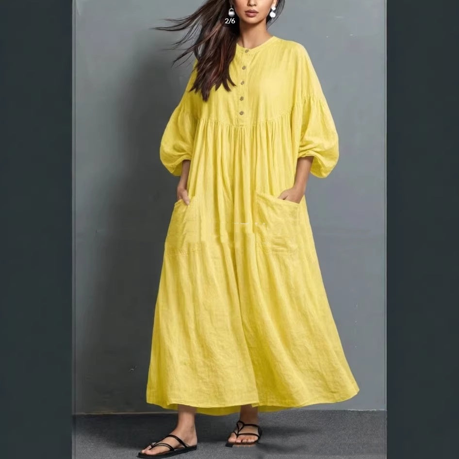 Solid-color Casual Cotton-linen Pocket Dress