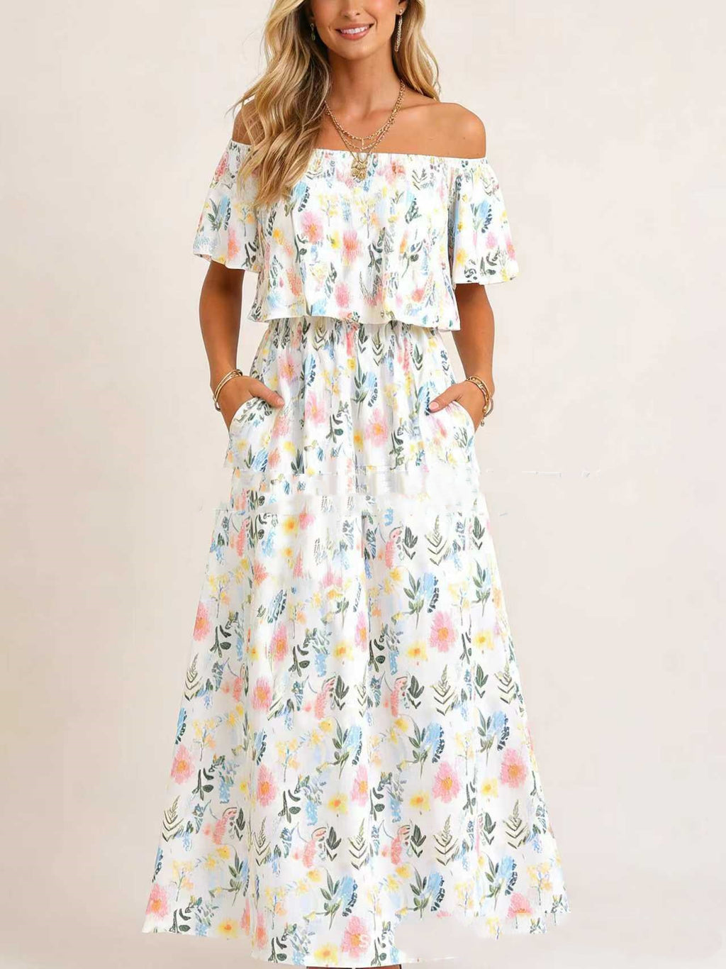 Printed Off-shoulder Short-sleeve Maxi Dress