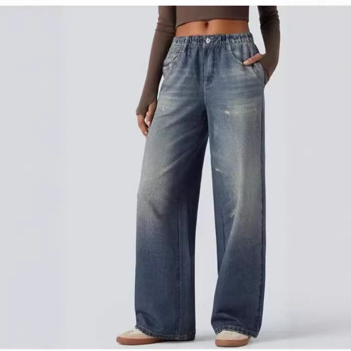 American-style Loose Wide-leg AutumnWinter New High-waist Slimming Denim Jeans For Women