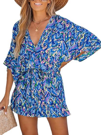2024 Amazon Summer Women's Casual Cross-border European And American New V-neck Printed Lace-up Bat Jumpsuit Women's Clothing