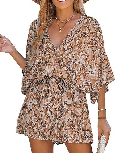 2024 Amazon Summer Women's Casual Cross-border European And American New V-neck Printed Lace-up Bat Jumpsuit Women's Clothing