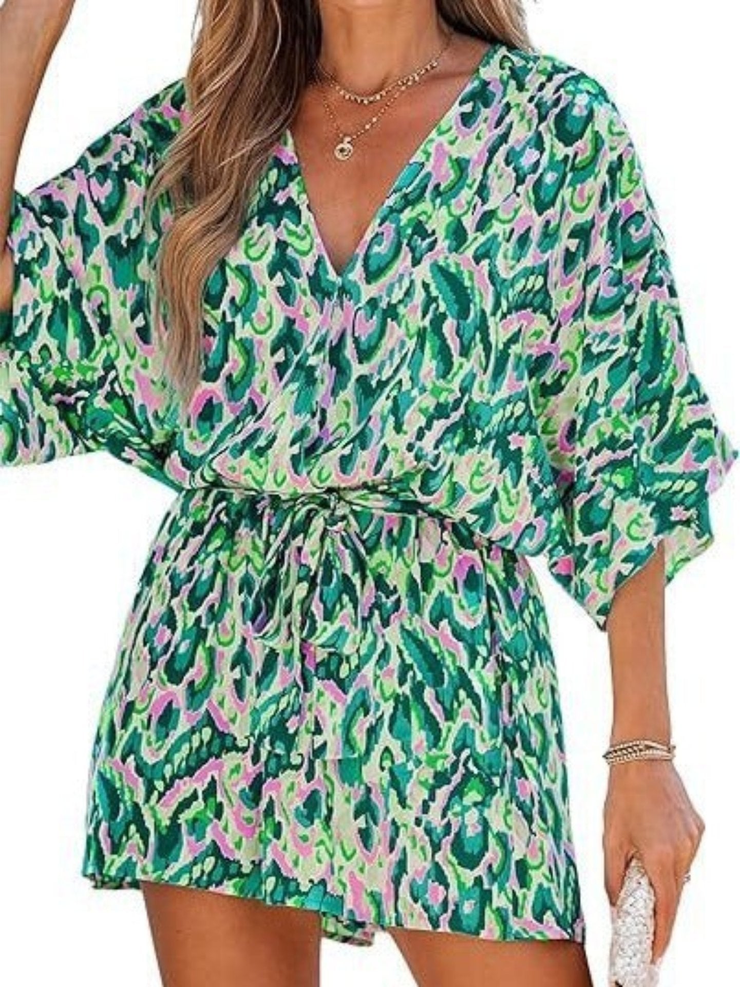 2024 Amazon Summer Women's Casual Cross-border European And American New V-neck Printed Lace-up Bat Jumpsuit Women's Clothing