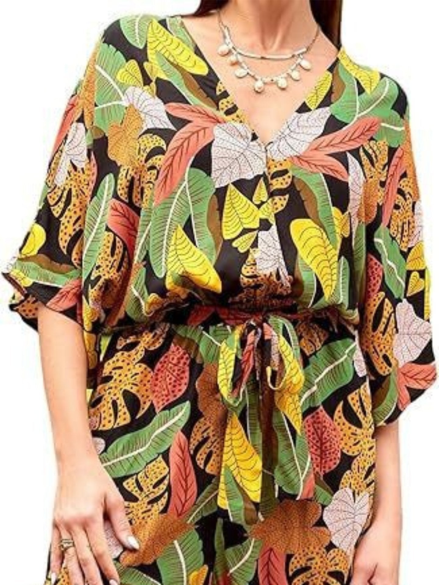 2024 Amazon Summer Women's Casual Cross-border European And American New V-neck Printed Lace-up Bat Jumpsuit Women's Clothing