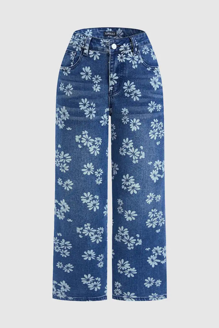 High Waist Straight Leg Jeans Vintage Floral Print Denim Pants