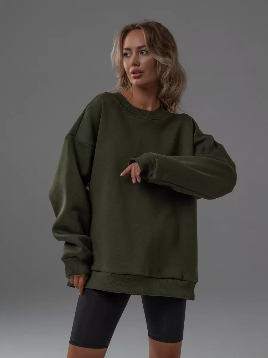 Solid Color Crew Neck Loose-Fit Pullover Sweatshirt Top For Women