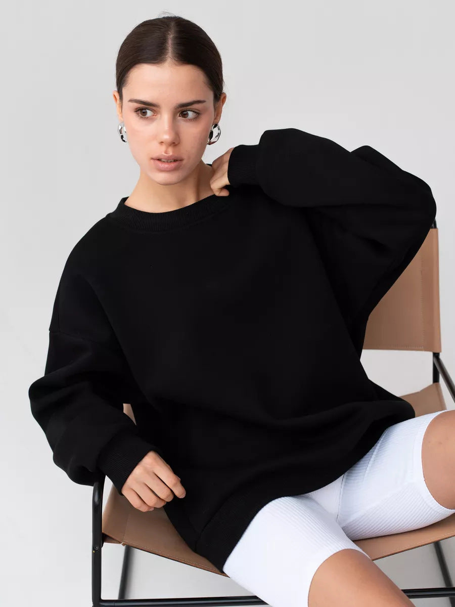 Solid Color Crew Neck Loose-Fit Pullover Sweatshirt Top For Women