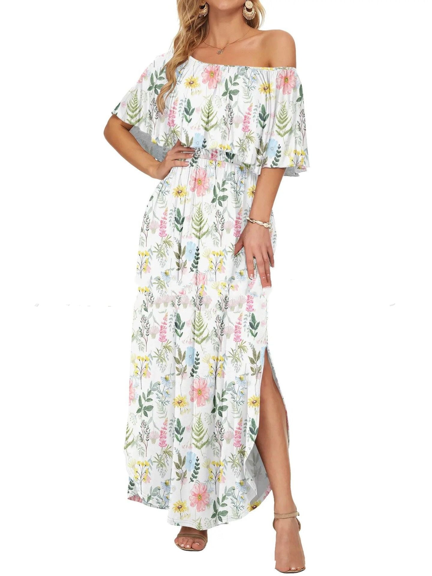 Printed Off-shoulder Short-sleeve Maxi Dress