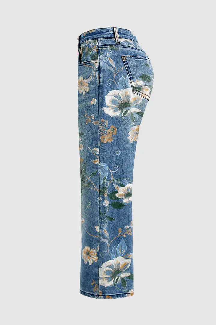 High Waist Straight Leg Jeans Vintage Floral Print Denim Pants