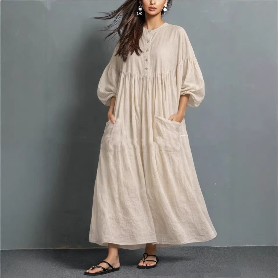 Solid-color Casual Cotton-linen Pocket Dress