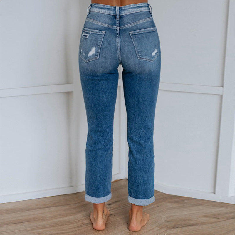 Womens Washed Gradient-Dye Ripped Jeans Fashion-Forward Style