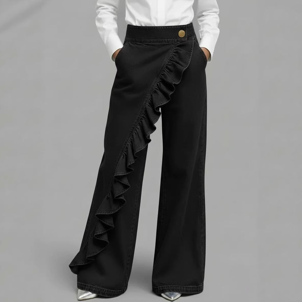 Retro Irregular High-Waist A-Line Denim Trousers
